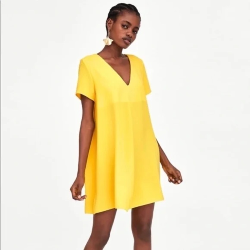 Zara Vibrant Yellow V-Neck Dress Trf used